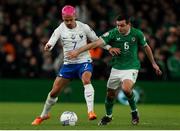 27 March 2023; Antoine Griezmann of France in action against Josh Cullen of Republic of Ireland during the UEFA EURO 2024 Championship Qualifier match between Republic of Ireland and France at Aviva Stadium in Dublin. Photo by Michael P Ryan/Sportsfile