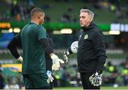 27 March 2023; Republic of Ireland goalkeeping coach Dean Kiely, right and Gavin Bazunu before the UEFA EURO 2024 Championship Qualifier match between Republic of Ireland and France at Aviva Stadium in Dublin. Photo by Seb Daly/Sportsfile