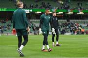 27 March 2023; Republic of Ireland goalkeepers Gavin Bazunu, centre, with Caoimhin Kelleher, left, and Mark Travers, right, before the UEFA EURO 2024 Championship Qualifier match between Republic of Ireland and France at Aviva Stadium in Dublin. Photo by Seb Daly/Sportsfile