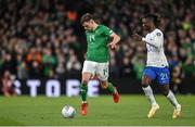 27 March 2023; Jayson Molumby of Republic of Ireland in action against Eduardo Camavinga of France during the UEFA EURO 2024 Championship Qualifier match between Republic of Ireland and France at Aviva Stadium in Dublin. Photo by Seb Daly/Sportsfile