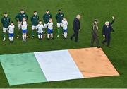 27 March 2023; President of Ireland Michael D Higgins waves to the crowd before the UEFA EURO 2024 Championship Qualifier match between Republic of Ireland and France at the Aviva Stadium in Dublin. Photo by Piaras Ó Mídheach/Sportsfile