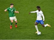 27 March 2023; Eduardo Camavinga of France in action against Jayson Molumby of Republic of Ireland during the UEFA EURO 2024 Championship Qualifier match between Republic of Ireland and France at the Aviva Stadium in Dublin. Photo by Piaras Ó Mídheach/Sportsfile