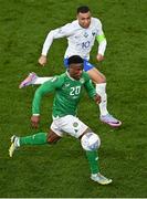 27 March 2023; Chiedozie Ogbene of Republic of Ireland in action against Kylian Mbappé of France during the UEFA EURO 2024 Championship Qualifier match between Republic of Ireland and France at the Aviva Stadium in Dublin. Photo by Piaras Ó Mídheach/Sportsfile