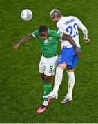 27 March 2023; Michael Obafemi of Republic of Ireland in action against Theo Hernández of France during the UEFA EURO 2024 Championship Qualifier match between Republic of Ireland and France at the Aviva Stadium in Dublin. Photo by Piaras Ó Mídheach/Sportsfile