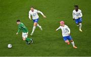 27 March 2023; Mikey Johnston of Republic of Ireland gets away from France players, from left, Adrien Rabiot, Antoine Griezmann and Eduardo Camavinga during the UEFA EURO 2024 Championship Qualifier match between Republic of Ireland and France at the Aviva Stadium in Dublin. Photo by Piaras Ó Mídheach/Sportsfile