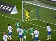 27 March 2023; France goalkeeper Mike Maignan looks on after saving the header from Nathan Collins of Republic of Ireland in the closing moments of the UEFA EURO 2024 Championship Qualifier match between Republic of Ireland and France at Aviva Stadium in Dublin. Photo by Piaras Ó Mídheach/Sportsfile