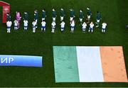 27 March 2023; The Republic of Ireland team during the playing of the National Anthem before the UEFA EURO 2024 Championship Qualifier match between Republic of Ireland and France at Aviva Stadium in Dublin. Photo by Ramsey Cardy/Sportsfile