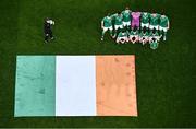 27 March 2023; The Republic of Ireland team, back row, from left, Evan Ferguson, Chiedozie Ogbene, Nathan Collins, Gavin Bazunu, Dara O'Shea, Matt Doherty, John Egan and front row, from left, Josh Cullen, Jayson Molumby, Jason Knight and Seamus Coleman before the UEFA EURO 2024 Championship Qualifier match between Republic of Ireland and France at Aviva Stadium in Dublin. Photo by Ramsey Cardy/Sportsfile