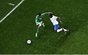 27 March 2023; Chiedozie Ogbene of Republic of Ireland in action against Dayot Upamecano of France during the UEFA EURO 2024 Championship Qualifier match between Republic of Ireland and France at Aviva Stadium in Dublin. Photo by Ramsey Cardy/Sportsfile