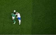27 March 2023; Chiedozie Ogbene of Republic of Ireland in action against Theo Hernández of France during the UEFA EURO 2024 Championship Qualifier match between Republic of Ireland and France at Aviva Stadium in Dublin. Photo by Ramsey Cardy/Sportsfile