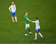 27 March 2023; Nathan Collins of Republic of Ireland shakes hands with Kylian Mbappé of France after the UEFA EURO 2024 Championship Qualifier match between Republic of Ireland and France at the Aviva Stadium in Dublin. Photo by Piaras Ó Mídheach/Sportsfile