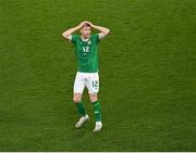 27 March 2023; Nathan Collins of Republic of Ireland reacts after his header was saved by France goalkeeper Mike Maignan in the closing moments of the UEFA EURO 2024 Championship Qualifier match between Republic of Ireland and France at the Aviva Stadium in Dublin. Photo by Piaras Ó Mídheach/Sportsfile