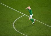 27 March 2023; Nathan Collins of Republic of Ireland reacts after his header was saved by France goalkeeper Mike Maignan in the closing moments of the UEFA EURO 2024 Championship Qualifier match between Republic of Ireland and France at the Aviva Stadium in Dublin. Photo by Piaras Ó Mídheach/Sportsfile