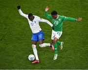 27 March 2023; Randal Kolo Muani of France in action against Chiedozie Ogbene of Republic of Ireland during the UEFA EURO 2024 Championship Qualifier match between Republic of Ireland and France at the Aviva Stadium in Dublin. Photo by Piaras Ó Mídheach/Sportsfile