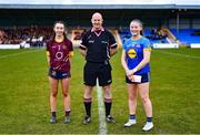 28 March 2023; Referee Shane Curley with team captains Lilly Dwyer of Loreto St Michael's, left, and Laura Moran of Sacred Heart before the Lidl All Ireland Post Primary School Senior ‘A’ Championship Final match between Sacred Heart School in Westport, Mayo, and Loreto St Michael’s in Navan, Meath, at Glennon Brothers Pearse Park in Longford. Photo by Ben McShane/Sportsfile