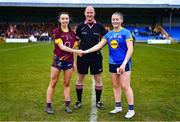 28 March 2023; Referee Shane Curley with team captains Lilly Dwyer of Loreto St Michael's, left, and Laura Moran of Sacred Heart before the Lidl All Ireland Post Primary School Senior ‘A’ Championship Final match between Sacred Heart School in Westport, Mayo, and Loreto St Michael’s in Navan, Meath, at Glennon Brothers Pearse Park in Longford. Photo by Ben McShane/Sportsfile