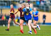 28 March 2023; Christina McEvilly of Sacred Heart in action against Zoe Harte of Loreto St Michael's during the Lidl All Ireland Post Primary School Senior ‘A’ Championship Final match between Sacred Heart School in Westport, Mayo, and Loreto St Michael’s in Navan, Meath, at Glennon Brothers Pearse Park in Longford. Photo by Ben McShane/Sportsfile