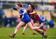 28 March 2023; Hannah Sheehy of Sacred Heart in action against Steffi Finegan of Loreto St Michael's during the Lidl All Ireland Post Primary School Senior ‘A’ Championship Final match between Sacred Heart School in Westport, Mayo, and Loreto St Michael’s in Navan, Meath, at Glennon Brothers Pearse Park in Longford. Photo by Ben McShane/Sportsfile