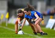 28 March 2023; Ava Kelly of Sacred Heart and Lauren Woods of Loreto St Michael's contest a loose ball during the Lidl All Ireland Post Primary School Senior ‘A’ Championship Final match between Sacred Heart School in Westport, Mayo, and Loreto St Michael’s in Navan, Meath, at Glennon Brothers Pearse Park in Longford. Photo by Ben McShane/Sportsfile