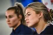 28 March 2023; Dorothy Wall, right, and Aoife Doyle during a Ireland Women's Rugby media conference at IRFU High Performance Centre at the Sport Ireland Campus in Dublin. Photo by Ramsey Cardy/Sportsfile