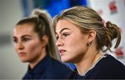 28 March 2023; Dorothy Wall, right, and Aoife Doyle during a Ireland Women's Rugby media conference at IRFU High Performance Centre at the Sport Ireland Campus in Dublin. Photo by Ramsey Cardy/Sportsfile