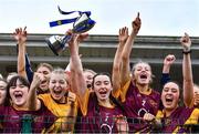 28 March 2023; Loreto St Michael's captain Lilly Dwyer lifts the cup after the Lidl All Ireland Post Primary School Senior ‘A’ Championship Final match between Sacred Heart School in Westport, Mayo, and Loreto St Michael’s in Navan, Meath, at Glennon Brothers Pearse Park in Longford. Photo by Ben McShane/Sportsfile