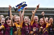 28 March 2023; Loreto St Michael's captain Lilly Dwyer lifts the cup after the Lidl All Ireland Post Primary School Senior ‘A’ Championship Final match between Sacred Heart School in Westport, Mayo, and Loreto St Michael’s in Navan, Meath, at Glennon Brothers Pearse Park in Longford. Photo by Ben McShane/Sportsfile