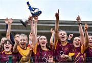 28 March 2023; Loreto St Michael's captain Lilly Dwyer lifts the cup after the Lidl All Ireland Post Primary School Senior ‘A’ Championship Final match between Sacred Heart School in Westport, Mayo, and Loreto St Michael’s in Navan, Meath, at Glennon Brothers Pearse Park in Longford. Photo by Ben McShane/Sportsfile