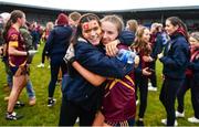 28 March 2023; Ciara Smyth of Loreto St Michael's celebrates with a supporter after the Lidl All Ireland Post Primary School Senior ‘A’ Championship Final match between Sacred Heart School in Westport, Mayo, and Loreto St Michael’s in Navan, Meath, at Glennon Brothers Pearse Park in Longford. Photo by Ben McShane/Sportsfile