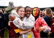 28 March 2023; Lucy Reynolds of Loreto St Michael's celebrates with supporters after the Lidl All Ireland Post Primary School Senior ‘A’ Championship Final match between Sacred Heart School in Westport, Mayo, and Loreto St Michael’s in Navan, Meath, at Glennon Brothers Pearse Park in Longford. Photo by Ben McShane/Sportsfile