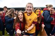 28 March 2023; Loreto St Michael's goalkeeper Alex Connor celebrates with supporters after the Lidl All Ireland Post Primary School Senior ‘A’ Championship Final match between Sacred Heart School in Westport, Mayo, and Loreto St Michael’s in Navan, Meath, at Glennon Brothers Pearse Park in Longford. Photo by Ben McShane/Sportsfile