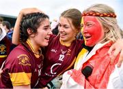 28 March 2023; Tara Traynor, left, and Lucy Reynolds of Loreto St Michael's celebrate after the Lidl All Ireland Post Primary School Senior ‘A’ Championship Final match between Sacred Heart School in Westport, Mayo, and Loreto St Michael’s in Navan, Meath, at Glennon Brothers Pearse Park in Longford. Photo by Ben McShane/Sportsfile