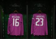 27 March 2023; The jersey's of goalkeepers Caoimhin Kelleher and Mark Travers hang in the Republic of Ireland dressing room before during the UEFA EURO 2024 Championship Qualifier match between Republic of Ireland and France at Aviva Stadium in Dublin. Photo by Stephen McCarthy/Sportsfile