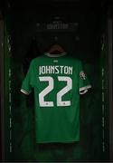 27 March 2023; The jersey of Mikey Johnston hangs in the Republic of Ireland dressing room before the UEFA EURO 2024 Championship Qualifier match between Republic of Ireland and France at Aviva Stadium in Dublin. Photo by Stephen McCarthy/Sportsfile