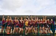 28 March 2023; Loreto St Michael's players celebrate as captain Lilly Dwyer, centre, lifts the cup after the Lidl All Ireland Post Primary School Senior ‘A’ Championship Final match between Sacred Heart School in Westport, Mayo, and Loreto St Michael’s in Navan, Meath, at Glennon Brothers Pearse Park in Longford. Photo by Ben McShane/Sportsfile