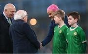 27 March 2023; Antoine Griezmann of France shakes hands with President of Ireland Michael D Higgins before the UEFA EURO 2024 Championship Qualifier match between Republic of Ireland and France at Aviva Stadium in Dublin. Photo by Stephen McCarthy/Sportsfile