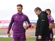 28 March 2023; Ben Healy, left, and head coach Graham Rowntree during a Munster Rugby squad training session at Thomond Park in Limerick. Photo by Harry Murphy/Sportsfile