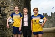 28 March 2023; Eileen Gleeson, FAI Head of Women and Girl's Football, with Swords Manor players Layla Donohue, age 12, left, and Ellie Kerwin, age 13, during the launch of FAI / Fingal Girls' Transition Year Football & Fitness Course at Swords County Hall in Dublin. Photo by David Fitzgerald/Sportsfile