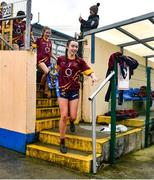 28 March 2023; Loreto St Michael's captain Lilly Dwyer makes her way to the supporters to celebrate with the cup after the Lidl All Ireland Post Primary School Senior ‘A’ Championship Final match between Sacred Heart School in Westport, Mayo, and Loreto St Michael’s in Navan, Meath, at Glennon Brothers Pearse Park in Longford. Photo by Ben McShane/Sportsfile