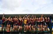28 March 2023; Loreto St Michael's players celebrate as captain Lilly Dwyer, centre, lifts the cup after the Lidl All Ireland Post Primary School Senior ‘A’ Championship Final match between Sacred Heart School in Westport, Mayo, and Loreto St Michael’s in Navan, Meath, at Glennon Brothers Pearse Park in Longford. Photo by Ben McShane/Sportsfile