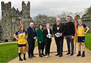 28 March 2023; In attendance, from left, Swords Manor player Ellie Kerwin, age 13, FAI President Gerry McAnaney, Chief Executing Officer of Fingal County Council Anne Marie Farrelly, Eileen Gleeson, FAI Head of Women and Girl's Football, Lord Mayor of Fingal Howard Mahoney, Dennis Hyland, TY Co-Ordinator and Swords Manor player Layla Donohue, age 12, during the launch of FAI / Fingal Girls' Transition Year Football & Fitness Course at Swords County Hall in Dublin. Photo by David Fitzgerald/Sportsfile