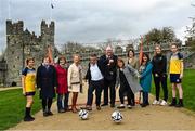 28 March 2023; In attendance, from left, Swords Manor player Ellie Kerwin, age 13, Councillor Ann Graves, Councillor Breda Hanaphy, Councillor Tony Murphy, Councillor Tania Doyle, Lord Mayor of Fingal Howard Mahoney, Councillor Karen Power, Councillor Angela Donnelly, Councillor Natalie Treacy, Sandra Harvey from Swords Celtic, FAI Fingal Development Officer Jamie Wilson and Swords Manor player Layla Donohue, age 12, during the launch of FAI / Fingal Girls' Transition Year Football & Fitness Course at Swords County Hall in Dublin. Photo by David Fitzgerald/Sportsfile