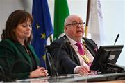 28 March 2023; Lord Mayor of Fingal Howard Mahoney, right, and Chief Executing Officer of Fingal County Council Anne Marie Farrelly, during the launch of FAI / Fingal Girls' Transition Year Football & Fitness Course at Swords County Hall in Dublin. Photo by David Fitzgerald/Sportsfile