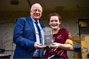 28 March 2023; Emma Brogan of Loreto St Michael's is presented the Player of the Match award by Pat Quill, representing the LGFA, after the Lidl All Ireland Post Primary School Senior ‘A’ Championship Final match between Sacred Heart School in Westport, Mayo, and Loreto St Michael’s in Navan, Meath, at Glennon Brothers Pearse Park in Longford. Photo by Ben McShane/Sportsfile