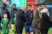 27 March 2023; Kylian Mbappé of France and FAI President Gerry McAnaney before the UEFA EURO 2024 Championship Qualifier match between Republic of Ireland and France at Aviva Stadium in Dublin. Photo by Stephen McCarthy/Sportsfile