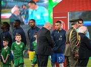 27 March 2023; Kylian Mbappé of France and FAI President Gerry McAnaney before the UEFA EURO 2024 Championship Qualifier match between Republic of Ireland and France at Aviva Stadium in Dublin. Photo by Stephen McCarthy/Sportsfile