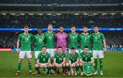 27 March 2023; The Republic of Ireland team, back row, from left, Evan Ferguson, Chiedozie Ogbene, Nathan Collins, Gavin Bazunu, Dara O'Shea, Matt Doherty and John Egan, with, front row, Josh Cullen, Jayson Molumby, Jason Knight and Seamus Coleman before the UEFA EURO 2024 Championship Qualifier match between Republic of Ireland and France at Aviva Stadium in Dublin. Photo by Stephen McCarthy/Sportsfile