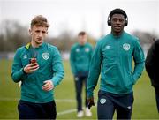 28 March 2023; James Abankwah, right, and Sam Curtis of Republic of Ireland before the UEFA European Under-19 Championship Elite Round match between Greece and Republic of Ireland at Ferrycarrig Park in Wexford. Photo by Stephen McCarthy/Sportsfile