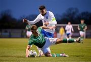 28 March 2023; Thomas Lonergan of Republic of Ireland in action against Alexios Kalogeropoulos of Greece during the UEFA European Under-19 Championship Elite Round match between Greece and Republic of Ireland at Ferrycarrig Park in Wexford. Photo by Stephen McCarthy/Sportsfile