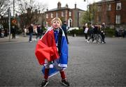 27 March 2023; France supporter Killian Phelan, aged 6, from Castletroy in Limerick, before the UEFA EURO 2024 Championship Qualifier match between Republic of Ireland and France at Aviva Stadium in Dublin. Photo by Eóin Noonan/Sportsfile